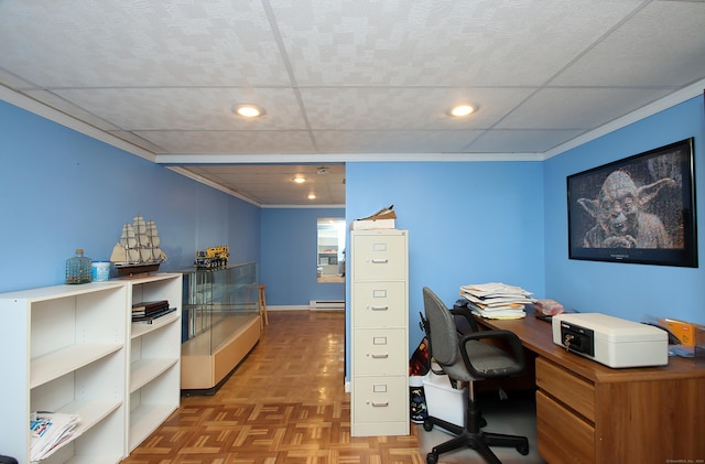 134 Valley Crest Dr, Wethersfield, CT 06109 - office with recessed lighting, crown molding, and a baseboard heating unit