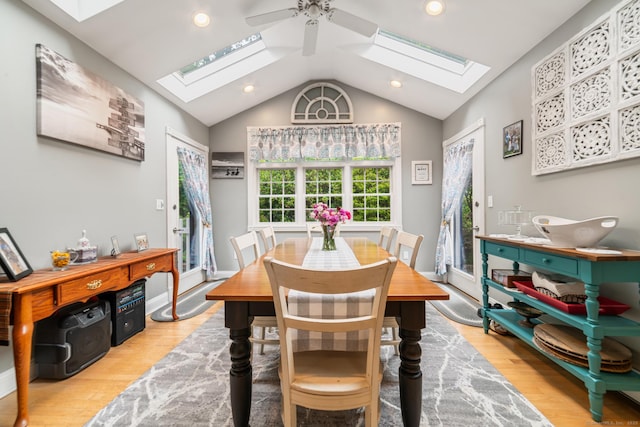 2 Bronson Rd, Prospect, CT 06712 - dining space with a skylight, wood finished floors, lofted ceiling, a ceiling fan, and recessed lighting