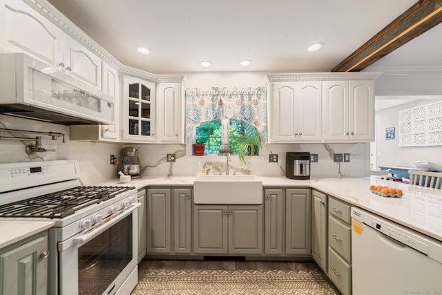 2 Bronson Rd, Prospect, CT 06712 - kitchen featuring white appliances, gray cabinetry, glass insert cabinets, white cabinetry, and recessed lighting