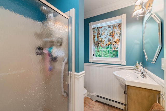 2 Bronson Rd, Prospect, CT 06712 - bathroom with baseboard heating, vanity, marble finish floors, a shower stall, and wainscoting