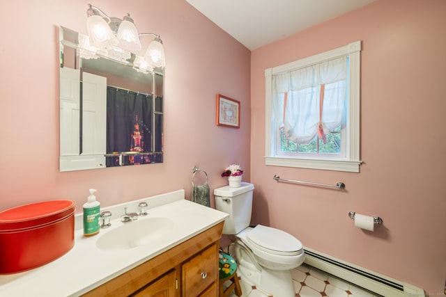 2 Bronson Rd, Prospect, CT 06712 - full bathroom with a baseboard heating unit, vanity, tile patterned floors, and a shower with shower curtain