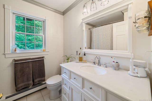 2 Bronson Rd, Prospect, CT 06712 - full bathroom featuring a baseboard heating unit, vanity, crown molding, tile patterned floors, and a shower with shower curtain