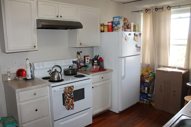 120 Linsley Ave, Meriden, CT 06451 - kitchen with white appliances, under cabinet range hood, dark wood-type flooring, light countertops, and white cabinetry