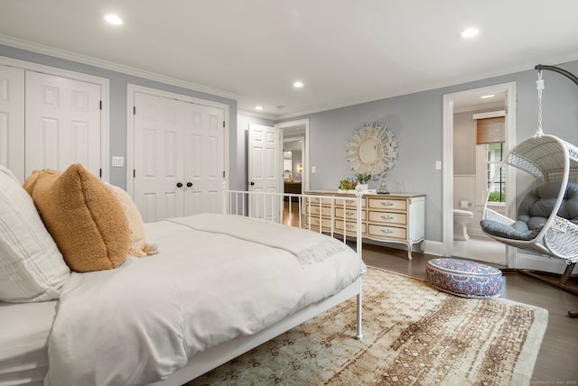 3663 Congress St, Fairfield, CT 06824 - bedroom with wood finished floors, recessed lighting, ornamental molding, ensuite bathroom, and multiple closets