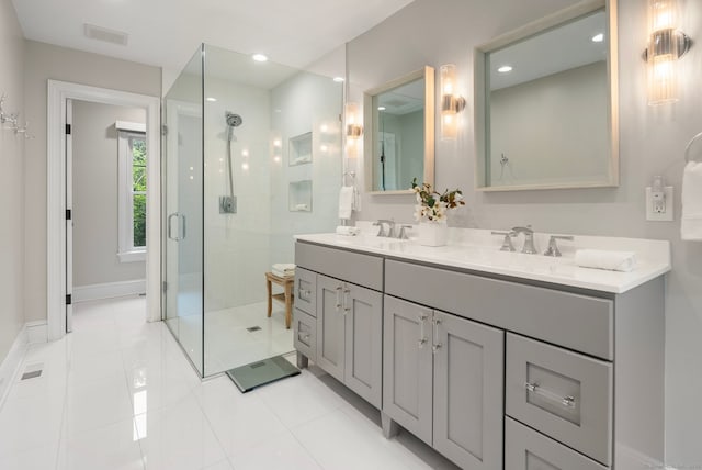 3663 Congress St, Fairfield, CT 06824 - full bathroom featuring a shower stall, double vanity, and tile patterned floors