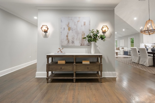 3663 Congress St, Fairfield, CT 06824 - hallway featuring a chandelier, wood finished floors, recessed lighting, and ornamental molding