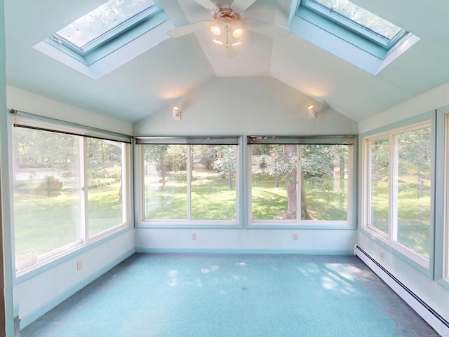 35 Corey Ln, East Lyme, CT 06357 - unfurnished sunroom featuring a skylight, a baseboard radiator, plenty of natural light, and vaulted ceiling