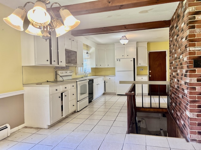 239 Bates Dr, Cheshire, CT 06410 - kitchen featuring white appliances, light tile patterned flooring, baseboard heating, light countertops, and beam ceiling