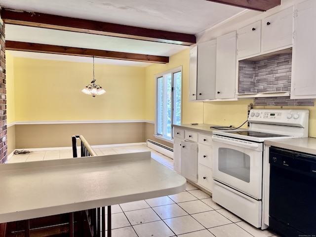 239 Bates Dr, Cheshire, CT 06410 - kitchen with white range with electric stovetop, dishwasher, baseboard heating, white cabinetry, and beam ceiling