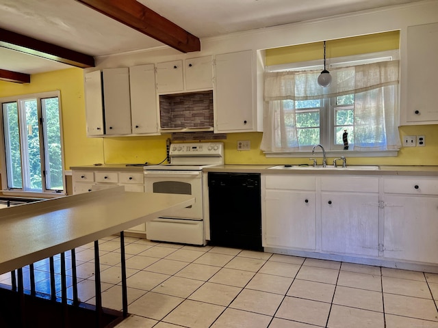 239 Bates Dr, Cheshire, CT 06410 - kitchen with electric range, black dishwasher, beam ceiling, white cabinets, and light tile patterned floors