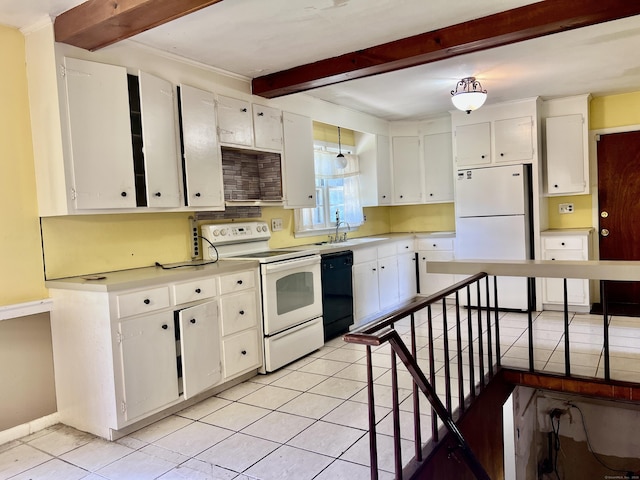 239 Bates Dr, Cheshire, CT 06410 - kitchen with white appliances, beam ceiling, light tile patterned floors, and white cabinets