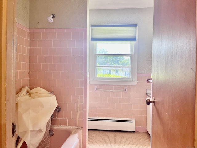 239 Bates Dr, Cheshire, CT 06410 - full bath featuring a baseboard heating unit, tile walls, tile patterned flooring, and bathtub / shower combination