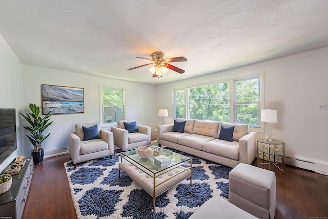 510 Sylvan Lake Rd, Watertown, CT 06779 - living room with dark wood-style flooring, a ceiling fan, and a baseboard radiator