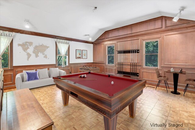 5550 Main St, Stratford, CT 06614 - game room featuring vaulted ceiling, plenty of natural light, billiards table, crown molding, and wainscoting
