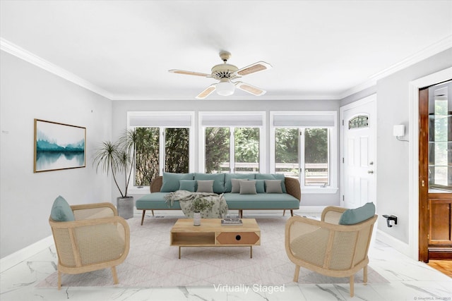5550 Main St, Stratford, CT 06614 - living area featuring marble look tile flooring, plenty of natural light, ceiling fan, and ornamental molding