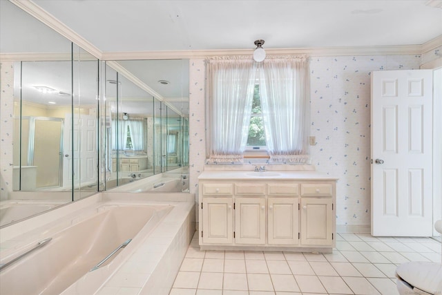 5550 Main St, Stratford, CT 06614 - full bath with crown molding, wallpapered walls, a garden tub, vanity, and tile patterned flooring