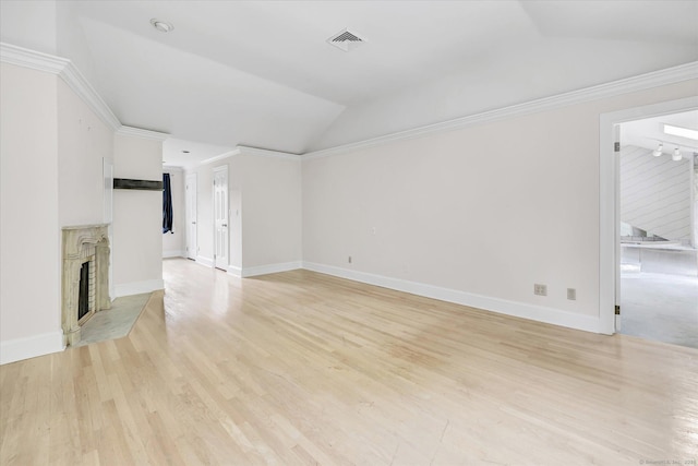 5550 Main St, Stratford, CT 06614 - unfurnished living room with lofted ceiling, light wood finished floors, a fireplace with flush hearth, and ornamental molding