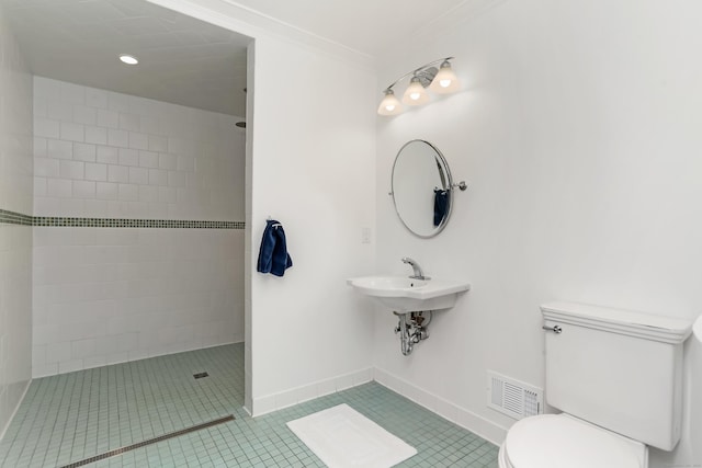 4 Reimer Rd, Westport, CT 06880 - full bath with tiled shower, crown molding, and tile patterned flooring