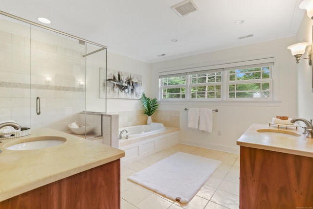 4 Reimer Rd, Westport, CT 06880 - full bath with vanity, tile patterned flooring, ornamental molding, a garden tub, and a stall shower