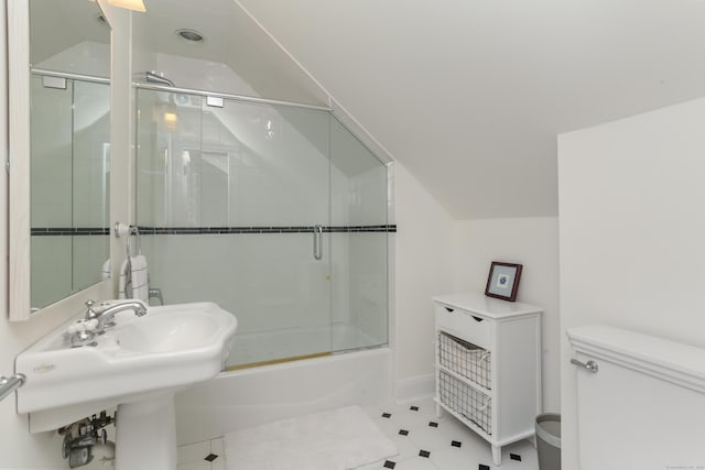 4 Reimer Rd, Westport, CT 06880 - bathroom with combined bath / shower with glass door and lofted ceiling