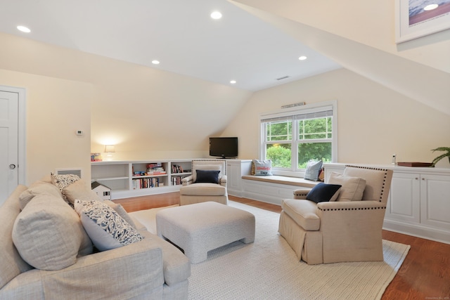 4 Reimer Rd, Westport, CT 06880 - living area with wood finished floors, vaulted ceiling, and recessed lighting