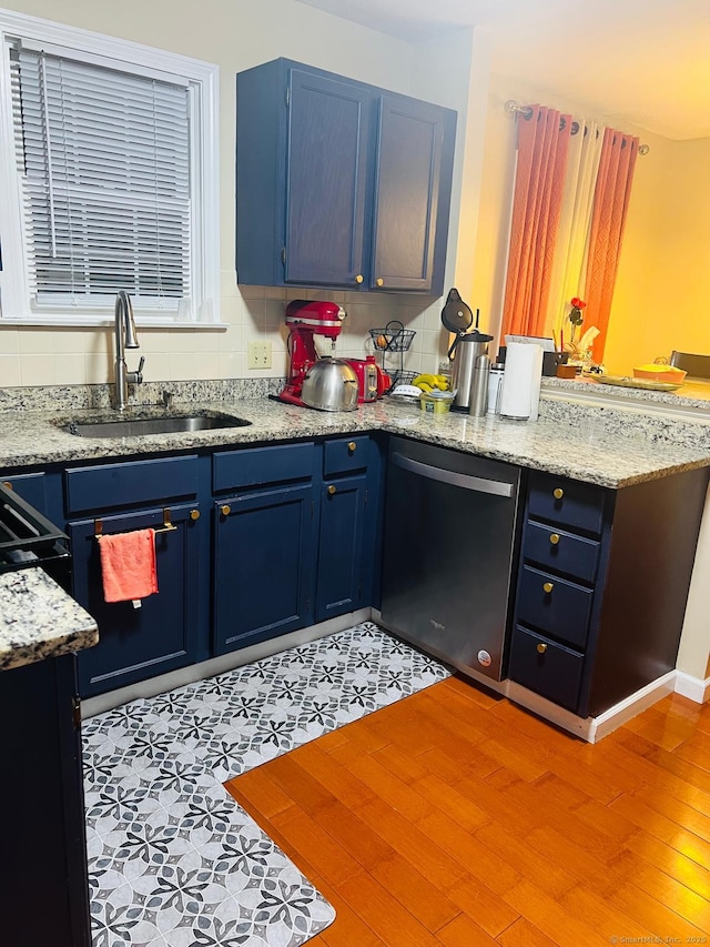 48 Harris Dr, Newington, CT 06111 - kitchen featuring stainless steel dishwasher, blue cabinets, a peninsula, and tasteful backsplash