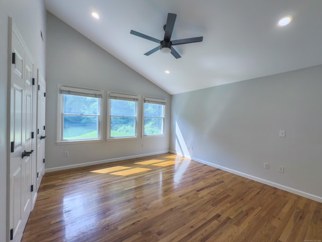 6 Jeffro Dr, Ridgefield, CT 06877 - empty room featuring vaulted ceiling, ceiling fan, wood finished floors, and recessed lighting