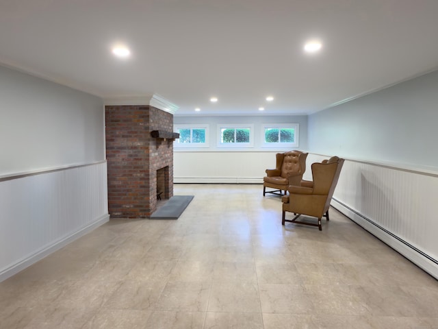 6 Jeffro Dr, Ridgefield, CT 06877 - living area with a baseboard radiator, wainscoting, recessed lighting, and a fireplace
