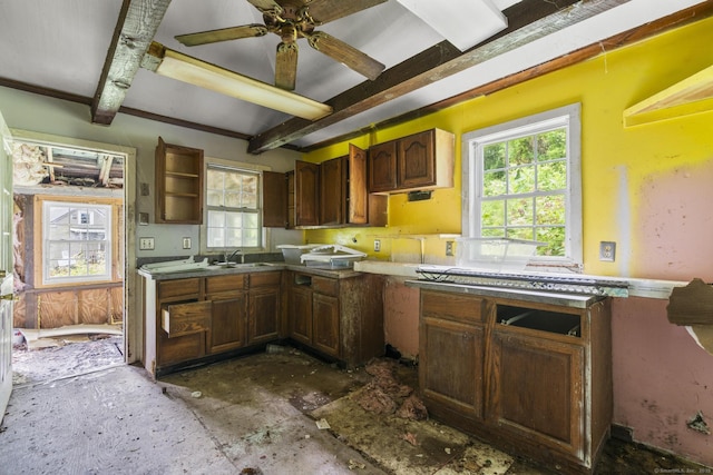 212 Prospect St, Norwich, CT 06360 - kitchen with open shelves, beamed ceiling, and ceiling fan