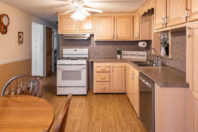 56 Franklin St, Vernon, CT 06066 - kitchen featuring white range with gas stovetop, under cabinet range hood, dishwasher, light brown cabinetry, and light wood-style floors