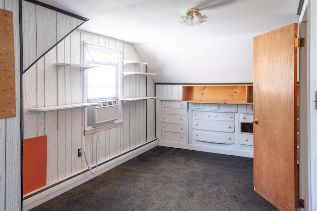 56 Franklin St, Vernon, CT 06066 - additional living space with wooden walls, vaulted ceiling, carpet floors, and cooling unit