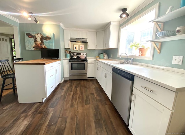 50 Howe St, Milford, CT 06460 - kitchen with stainless steel appliances, under cabinet range hood, dark wood-style floors, a peninsula, and butcher block countertops