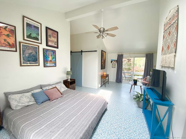50 Howe St, Milford, CT 06460 - bedroom featuring access to exterior, high vaulted ceiling, a barn door, speckled floor, and a ceiling fan
