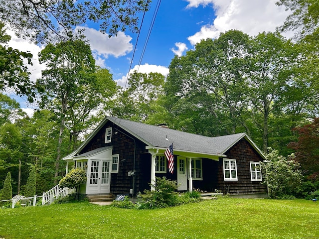 364 Locust Rd, Harwinton, CT 06791 - view of front of property featuring entry steps, a front yard, a chimney, french doors, and a shingled roof