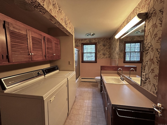 364 Locust Rd, Harwinton, CT 06791 - laundry area featuring wallpapered walls, separate washer and dryer, baseboard heating, plenty of natural light, and light tile patterned floors