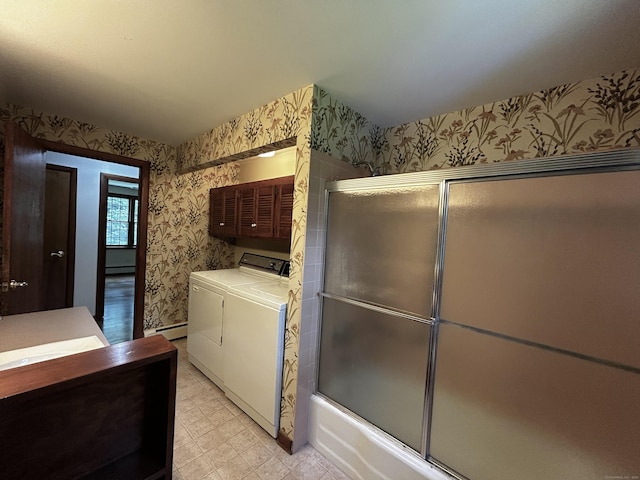 364 Locust Rd, Harwinton, CT 06791 - laundry area with wallpapered walls, washing machine and clothes dryer, and a baseboard heating unit