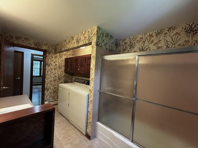 364 Locust Rd, Harwinton, CT 06791 - laundry area with wallpapered walls, washing machine and clothes dryer, and a baseboard heating unit