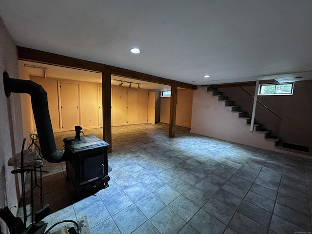 364 Locust Rd, Harwinton, CT 06791 - basement with a wood stove, stairway, and recessed lighting