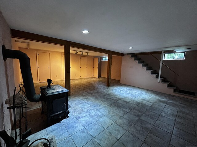 364 Locust Rd, Harwinton, CT 06791 - basement with a wood stove, stairway, and recessed lighting