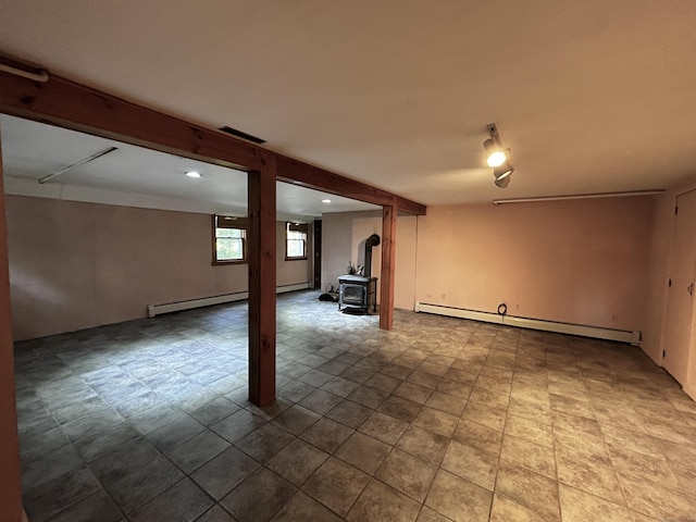 364 Locust Rd, Harwinton, CT 06791 - below grade area featuring a baseboard heating unit, a wood stove, and baseboard heating