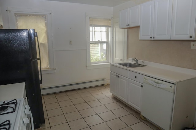 77 Beardsley Park Ter, Bridgeport, CT 06610 - kitchen with white appliances, a baseboard radiator, white cabinetry, and light tile patterned floors