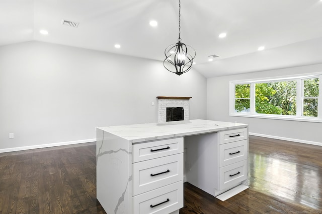 15 Beech St, North Branford, CT 06471 - unfurnished office with vaulted ceiling, dark wood-type flooring, recessed lighting, and a fireplace