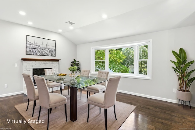 15 Beech St, North Branford, CT 06471 - dining space featuring vaulted ceiling, wood finished floors, recessed lighting, and a fireplace
