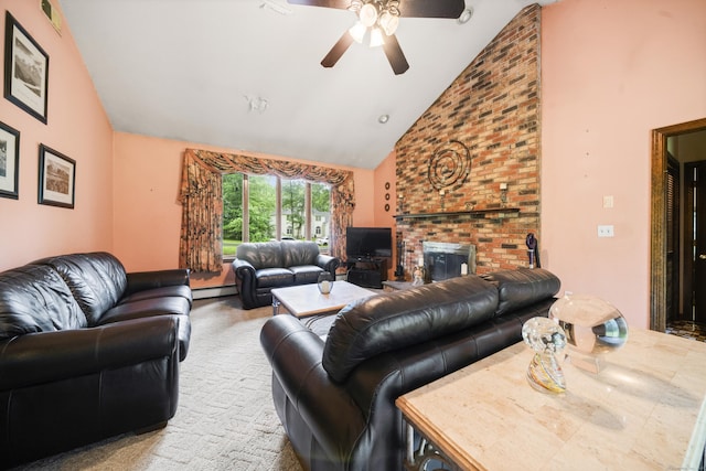64 Melcon Dr, Southington, CT 06489 - living room featuring a baseboard heating unit, high vaulted ceiling, a ceiling fan, a brick fireplace, and carpet flooring