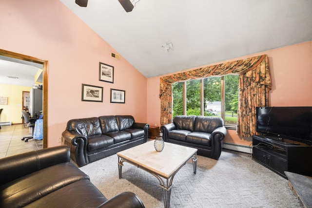 64 Melcon Dr, Southington, CT 06489 - living room with high vaulted ceiling, ceiling fan, and baseboard heating