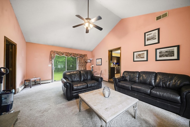 64 Melcon Dr, Southington, CT 06489 - carpeted living area featuring ceiling fan, high vaulted ceiling, and a baseboard heating unit