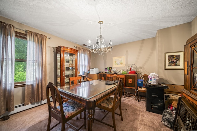 64 Melcon Dr, Southington, CT 06489 - dining space with light carpet, a chandelier, a textured ceiling, a baseboard heating unit, and a desk