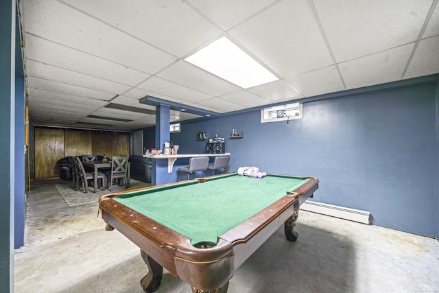 64 Melcon Dr, Southington, CT 06489 - rec room with a baseboard heating unit, concrete floors, a bar, a paneled ceiling, and pool table