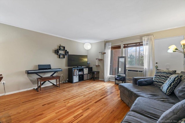230 W Walk Walk Unit 230, West Haven, CT 06516 - living area featuring wood finished floors, ornamental molding, and cooling unit