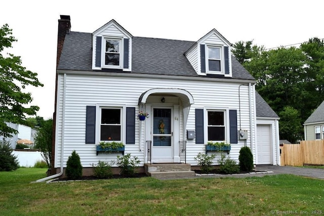84 Coolidge Ave, Newington, CT 06111 - cape cod-style house with a chimney, asphalt driveway, entry steps, roof with shingles, and a garage